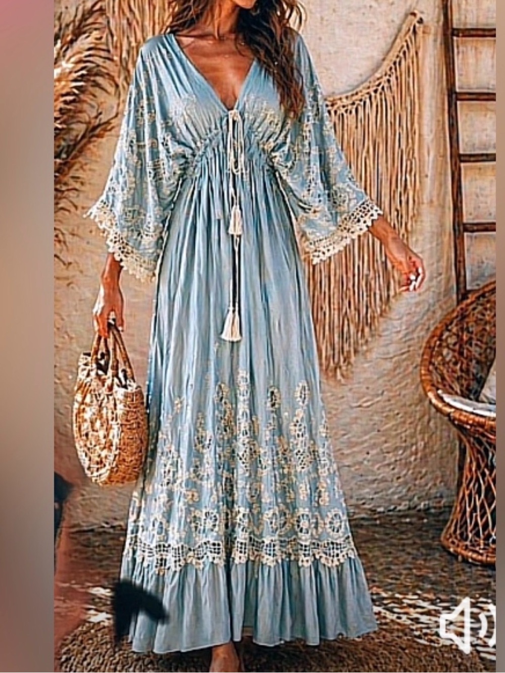 Light Blue Maxi Dress with White Lace Embroidery